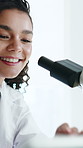 Happy woman, scientist and forensic study with microscope for medical research or discovery in lab. Female person, healthcare worker or exam with smile or bio tech for test results or clinic trial