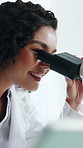 Happy woman, scientist and forensic research with microscope for medical study or discovery in lab. Female person, healthcare worker or exam with smile or bio tech for test results or clinic trial