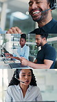 Headset, collage and business people with laptop in office with discussion, documents and talking. Computer, mic and composite of employees with paperwork, contact us or communication in workplace.