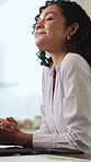 Thinking, business and woman with smile in office for vision, daydreaming and ideas for real estate. Thoughts, realtor and reflection with laptop, problem solving and opportunity for property auction