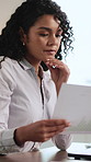 Thinking, businesswoman and document with data in office, online and investment banking with laptop. Business, risk assessment and person with paperwork for budget, tech and financial review on web