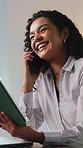 Happy, businesswoman and tablet in office with phone call, accounting update or good news for audit. Person, smile and accountant in workplace with tech, contact or discussion for financial proposal.