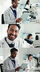 Collage, science and people on tablet and microscope for sample, medical study and research. Pharmaceutical, portrait and scientist team on tech for innovation, medicine and study with lab equipment