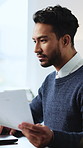 Business, document and happy man with laptop, typing or investment banking with research on website. Online, risk assessment and person with paperwork for budget, smile and financial review with tech