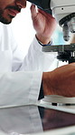 Person, hands or scientist with petri dish on microscope in laboratory for medical study or research. Doctor, healthcare worker or experiment with biotechnology for forensic examination or test