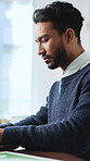 Laptop, reading or businessman in office for planning, investment proposal or market trends research. Review, pc or financial advisor with trading insight, forecasting model and economy update report