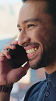 Businessman, phone call and discussion with smile for company associate with online consultation. Happy, laugh and mobile networking with conversation, communication and outdoor for urban commute