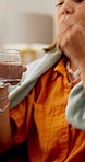 Woman, pills and drinking water for healthcare in home, drugs or pharmaceutical supplement in morning. Person, glass and medicine with liquid, tablet and product with detox for gut health in house