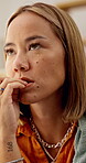 Nervous, thinking and biting nails with woman in home for trauma, anxiety or grieving perspective. Reflection, fear and stress with female person in living room of apartment for worry and mistake 