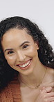 Happy, laughing and face of woman in studio with funny joke, humor and positive attitude. Confidence, smile and portrait of isolated person with comedy, good mood and reaction on white background