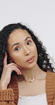 Shrugging, confused and face of woman in studio for puzzled, question and dont know. Problem solving, unsure and clueless with portrait of female person on white background for doubt and reaction