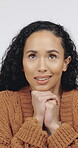 Prayer hands, hope and faith with woman in studio for spiritual, belief and worship. Wishing, expectation and dream with female person on white background for blessing, trust and peace gesture