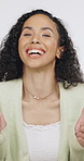 Excited, face and woman with thumbs up in studio, knowledge or positive opinion for higher education. White background, promotion and person with agreement sign, laughing and yes gesture for college