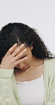 Upset, disappointed and face of woman in studio with frustrated, unhappy and shaking head. Reaction, emotions and portrait of isolated person with annoyed, attitude and facepalm on white background