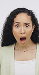 Shock, disbelief and face of woman in studio with reaction to news, announcement and information. Omg, emotions and portrait of person with surprise for gossip, drama and rumor on white background