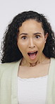 Shock, laugh and face of woman in studio with reaction to news, announcement and information. Omg, emotions and portrait of person with surprise for gossip, drama and rumor on white background