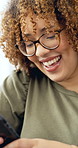 Phone, happy and businesswoman in office for texting, communication or networking on mobile app. Smile, technology and female person with cellphone for contact on website in startup workplace.
