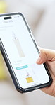 Phone screen, hands and woman in home for online shopping, ecommerce or order on mobile app. Scrolling, technology and female person with cellphone for makeup or cosmetics store on website in house.