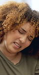 Woman, neck pain and stress with phone in home with tension, sore muscle or texting on sofa. Person, joint ache and smartphone with fatigue, burnout and chat on social media in lounge at apartment