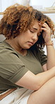 Woman, mistake and stress in home with regret, worry and frustrated with brain fog in living room. Person, thinking and reflection with shaking head, anxiety or tired with crisis in lounge at house
