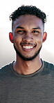 Fitness, face and man with smile outdoor for cardio exercise, wellness dedication or practice. Athlete, happy person or confidence for workout progress, discipline or ready for morning health routine