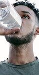 Fitness, drinking water and runner with man outdoor for health, workout and training break. Hydration, sports athlete and electrolytes with person in nature for liquid, detox and exercise wellness