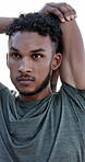 Fitness, man and stretching arms outdoor for joint mobility, start exercise and cardio preparation. Serious athlete, male person and muscle warm up for sports workout, getting ready and body wellness