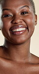 Beauty, smile and face with black woman in studio for skincare, hydration and glow. Shine, aesthetic and dermatology with portrait of person on white background for  hygiene, clear skin and self care