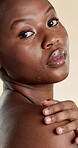 Beauty, skincare and face with black woman in studio for facial, hydration and glow. Shine, aesthetic and dermatology with portrait of person on white background for hygiene, clear skin and self care