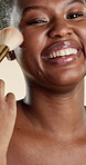 Face, makeup brush and beauty with black woman in studio for self care, glow and foundation. Cosmetics, highlighter shine and cosmetology with person on white background for eyeshadow and blush
