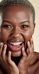 Beauty, laughing and face with black woman in studio for skincare, hydration and glow. Shine, aesthetic and dermatology with portrait of person on white background for joke, clear skin and self care
