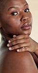 Skincare, hands and face with black woman in studio for beauty, hydration and glow. Shine, aesthetic and dermatology with portrait of person on white background for  hygiene, clear skin and self care