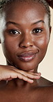 Beauty, touch and face with black woman in studio for skincare, hydration and glow. Shine, aesthetic and dermatology with portrait of person on white background for  hygiene, clear skin and self care