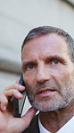 Phone call, outdoor and businessman in city for communication, contact or networking for finance deal. Talking, walking and financial manager on mobile discussion for investment negotiation in town