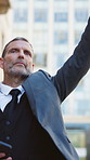 Taxi, hail and businessman with phone in city, serious and commuting to business meeting in morning. Stop, transport and mature person with mobile on street, walking and entrepreneur with appointment
