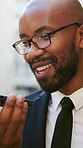 Happy, black man or lawyer with speaker phone in city for communication or negotiation. Male person, attorney or discussion with mobile smartphone for audio message, app or voice note in urban town