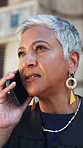 Phone call, lawyer and mature woman in city for contact, discussion and advice for legal trial. Courthouse, attorney and person on cellphone for communication for litigation, case and consulting