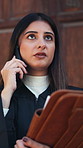 Phone call, lawyer and woman in city with documents for court case, discussion and report for legal trial. Town, attorney and person on cellphone with paperwork for litigation, hearing and negotiation