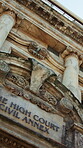 Law, building and court of justice outdoor for jurisdiction, constitutional legislation and trial. Low angle, architecture and courthouse in city for legal judgement, prosecution and civil matters