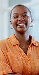 Face, happiness and black woman in home, funny and relax with peace, calm and positive attitude. Smile, laughing and African person in lounge, morning and satisfaction for weekend break and pride