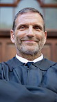 Happy, lawyer and face of mature man in city with pride for legal career, confidence and justice. Professional, judge and portrait of person by courthouse for trial, legislation and constitution
