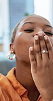 Face, woman and blowing kiss on live streaming in house for audience vlog, social media post or POV. Influencer, happy black person and content creation in home with wink, follower gratitude or video