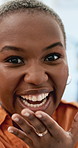 Face, influencer and black woman with vlog in home, recording and discussion for moving house video. Smile, pov and excited content creator with live stream for property purchase news, talk and laugh