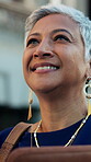 Lawyer, thinking and smile with business woman in city for legal aid, reflection and attorney pride. Vision, courthouse advisory and justice with mature person outdoor for trial and consultant