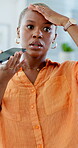 Angry, woman and phone call on loudspeaker in home for billing error, complaint and audio message. Voice recording, black person and stress on service provider for charge dispute, phishing and crisis