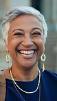Lawyer, face and smile with business woman in city for legal aid, constitution and attorney pride. Happy, courthouse advisory and justice with mature person outdoor for trial, about us and consultant