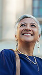 Lawyer, vision and smile with business woman in city for legal aid, reflection and attorney pride. Thinking, courthouse advisory and justice with mature person outdoor for trial and consultant