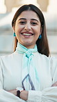 Lawyer, arms crossed and face with business woman in city for legal aid, constitution and attorney pride. About us, courthouse advisory and justice with employee outdoor for trial and consultant