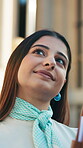 Lawyer, thinking and professional with business woman in city for legal aid, reflection and attorney pride. Vision, courthouse advisory and justice with employee outdoor for trial and consultant