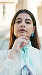 Lawyer, serious and face with business woman in city for legal aid, constitution and attorney pride. About us, courthouse advisory and justice with female employee outdoor for trial and consultant